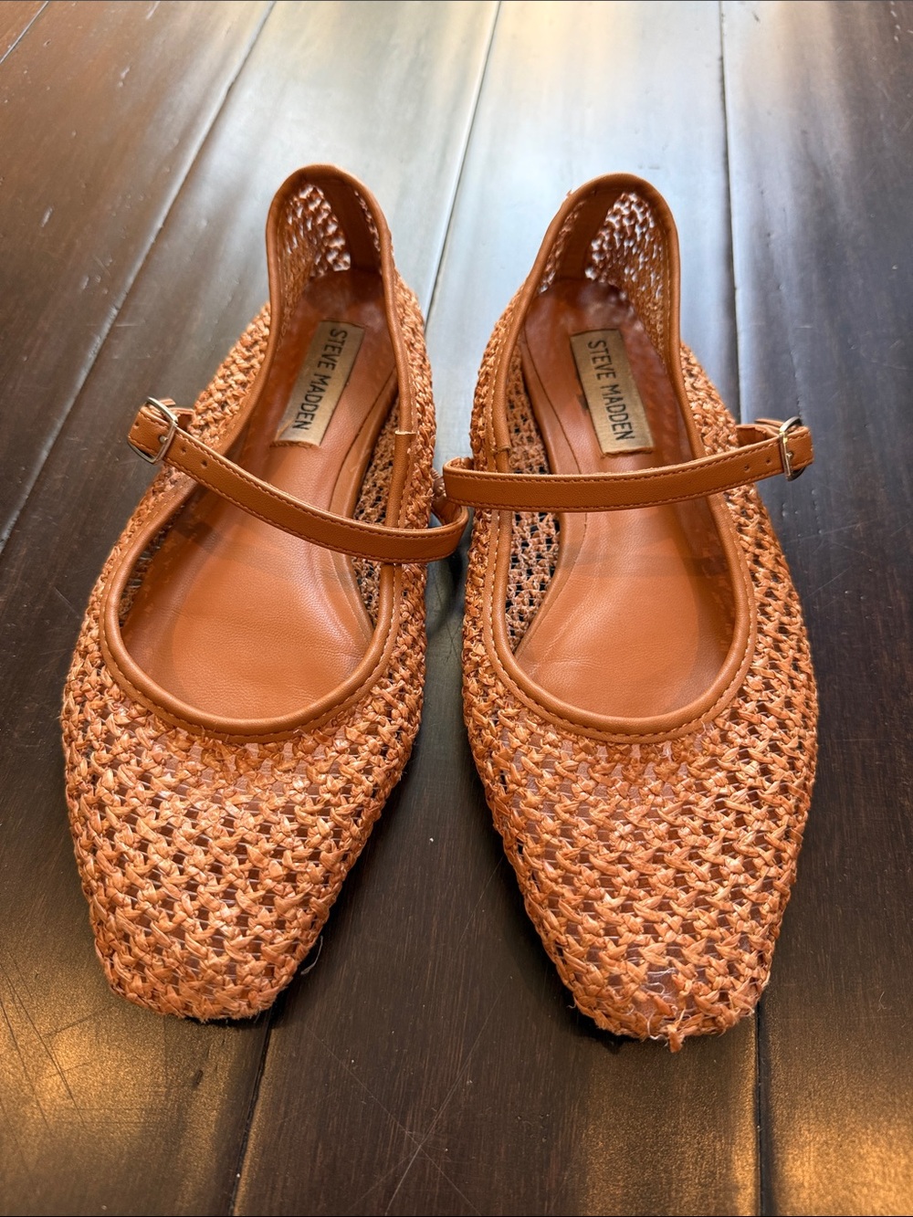 Steve Madden Woven Mary Janes in Cognac Brown tan caramel color.